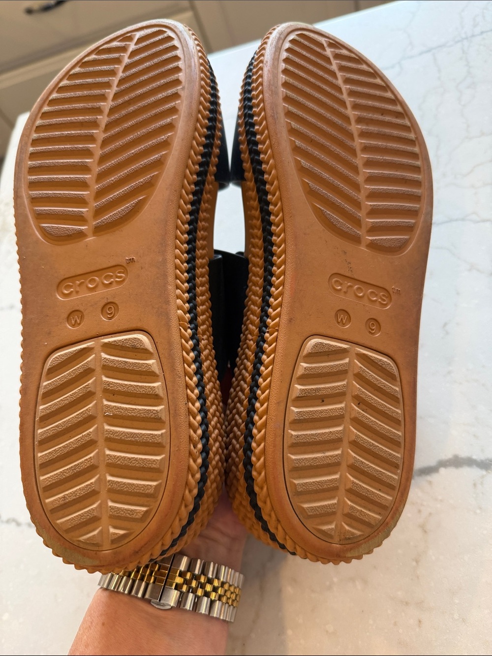 CROCS Women’s Dual-Strap Platform Slides in Black and Tan - Picture 4 of 6